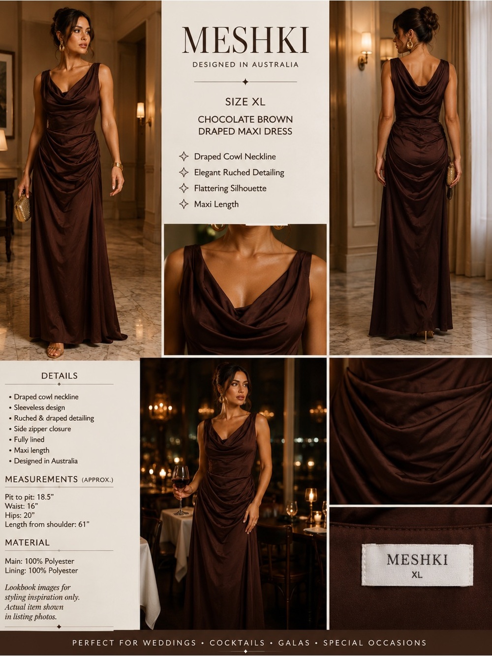 MESHKI XL Chocolate Brown Draped Cowl Neck Maxi Dress